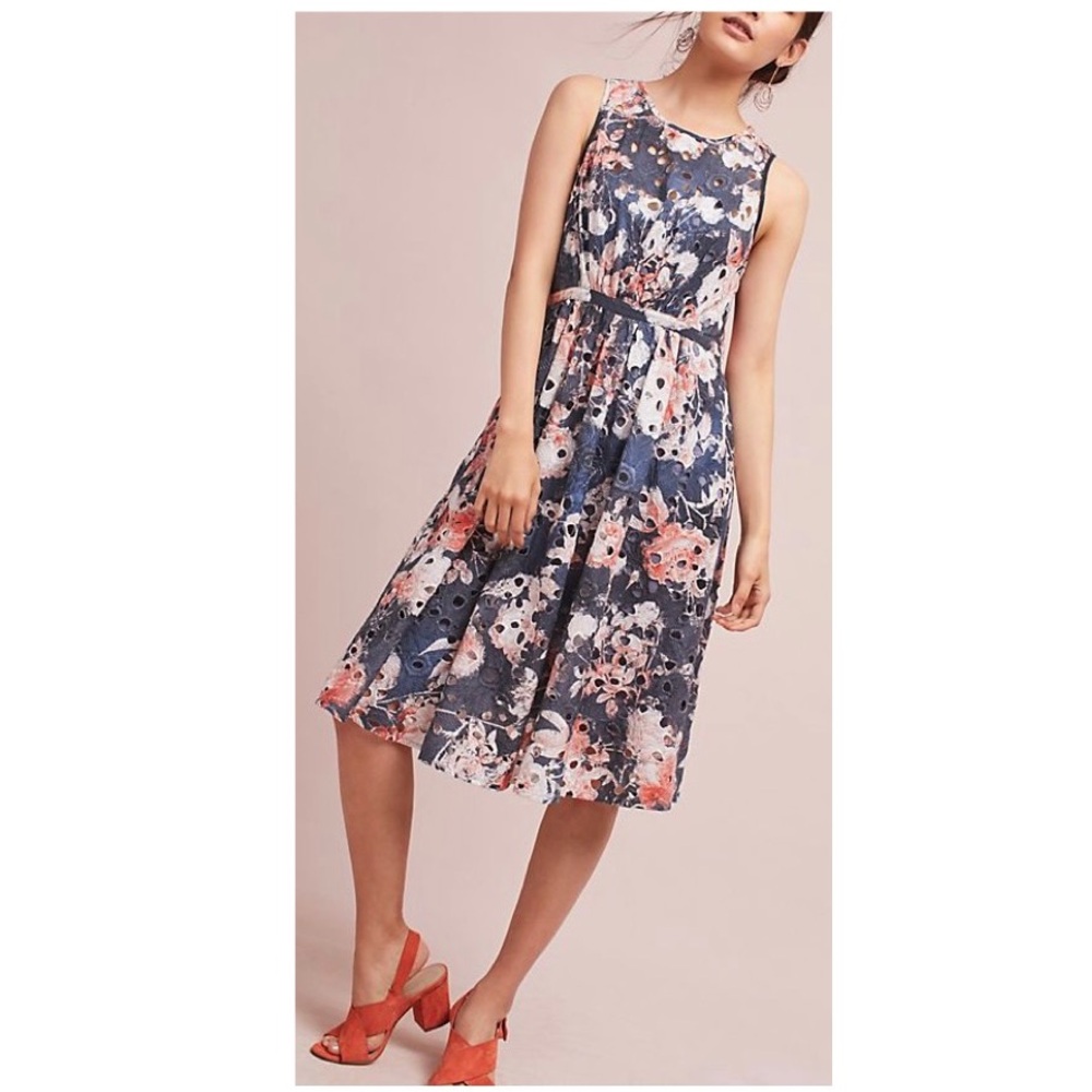 Hemant & Nandita Anthropologie Lazuli Watercolor Floral Eyelet Midi Dress Large